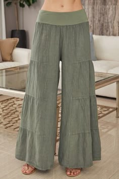 Elevate your style with these Italian-made palazzo pants. Made from fine 100% linen and designed with a tiered leg and elastic waist band, they are both elegant and comfortable. The fashionable, wide-leg silhouette will add stylish flair to your wardrobe. Summer Bottoms, Linen Layers, Over 50 Womens Fashion, Girls Fashion Clothes, Maternity Pictures, Palazzo Pants, Wide Leg Pants, Elastic Waist, Girl Fashion