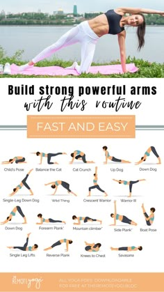 a woman doing yoga poses with the words build strong powerful arms with this routine fast and easy