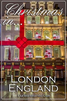 the london england christmas card with an image of a building and red ribbon on it