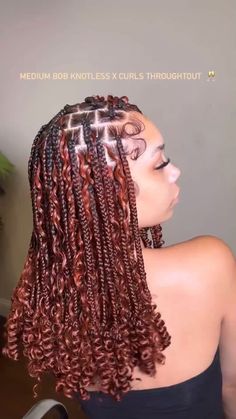 Small Knotless Braids With Curly Ends Short, Medium Knotless Bob With Curls, Medium Bob Knotless Braids, Bob Braids With Curly Ends, Knotless Bob With Curls At The End, Braid Bob With Curls, Ginger Boho Bob, Ginger Knotless Braids Boho, Boho Braid Bob