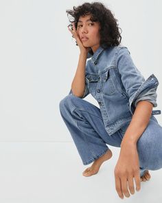 The Modern Jean Jacket Stone-Washed Sky – Everlane Denim Blue Jeans With Flap Pockets For Work, Fitted Denim Outerwear With Contrast Stitching, Classic Denim Jacket With Contrast Stitching, Spring Denim Button-up Jacket With Welt Pockets, Fitted Denim Jacket With Pockets In Rigid Denim, Denim Jacket With Patch Pockets, Rigid Denim Workwear Outerwear With Pockets, Rigid Denim Outerwear With Pockets For Work, Button-up Denim Jacket With Flap Pockets For Work