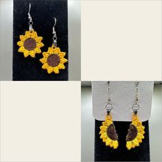 two pictures of sunflowers and earrings on display