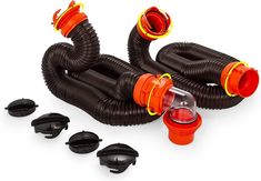 an orange and black blow - off system with hoses, cups and other accessories