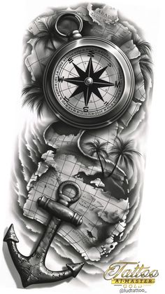 an anchor and compass tattoo design on the back of a man's arm with palm trees