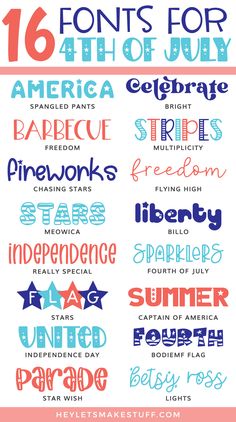 the 25 best font styles for 4th of july in different colors and sizes, including stars