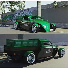 an old green truck parked next to a building