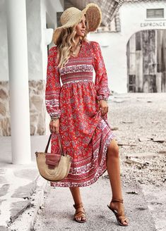 Bohemian V-neck Dress - Spring & Summer - Green- XL Casual V-neck Peasant Dress For Spring, Flowy V-neck Peasant Dress, Casual Flowy V-neck Peasant Dress, Casual V-neck Peasant Dress For Summer, Spring Casual V-neck Peasant Dress, Spring V-neck Peasant Dress, Casual Maxi Length Peasant Dress, Casual Long Sleeve Peasant Dress For Summer, Red Boho Midi Dress For Spring