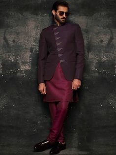 <p>Color: Eggplant<br />Fabric: Raw Silk<br />Stylish prince coat features rich quality embellishments accentuate on the collar and front<br />Hidden front hooks closure<br />Complement with deep carmine kurta and pajama</p> <p><strong>Additional Accessories:</strong> </p> <p><strong>Plain Kolhapuri/Saleem Shahi shoes:</strong> US$30 (Made with prince coat material)</p> <p>< Tailored Festive Outerwear For Semi-formal Occasions, Tailored Festive Semi-formal Outerwear, Elegant Ceremonial Winter Outerwear, Elegant Winter Ceremonial Outerwear, Designer Festive Semi-formal Outerwear, Designer Semi-formal Festive Outerwear, Designer Nehru Jacket For Fall Wedding, Winter Wedding Nehru Jacket, Winter Wedding Fitted Nehru Jacket