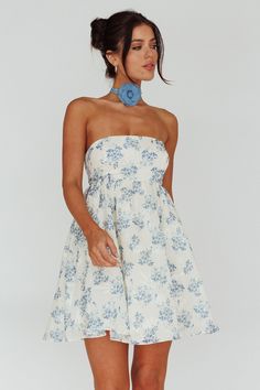 Shop the Vitoria Strapless Babydoll Dress Floral Blue | Selfie Leslie Blue Floral Hoco Dress, Blue Floral Print Mini Dress, Spring Coquette Mini Dress, Light Blue Strapless Mini Dress For Date Night, Light Blue Floral Print Mini Dress, Blue Flirty Mini Dress For Garden Party, Flirty Blue Mini Dress For Garden Party, Flirty A-line Mini Dress With Floral Print, Blue Mini Dress With Floral Print And Sweetheart Neckline