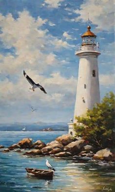 an oil painting of a lighthouse and seagulls