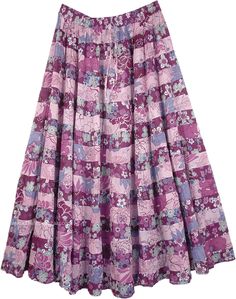 Pretty Summer Floral Maxi Skirt - This is a soothing calming lilac purple full maxi skirt in pure cotton fabric. This unique printed skirt is stitched in 18 small tiers each increasing in girth as we go towards the hemline, this gives the skirt volume and fullness. It can be worn with a slightly crinkled look too and does not need ironing. It features a fully gathered silhouette and soft gathers on the flexible elastic waist with drawstring. The skirt is not lined. Length: 37"; Waist: 28"- 36" ; Purple Cotton Lined Skirt, Spring Purple Flowy Maxi Skirt, Purple Flowy Maxi Skirt For Spring, Purple Relaxed Lined Maxi Skirt, Purple Relaxed Maxi Skirt With Lining, Relaxed Purple Maxi Skirt With Lining, Spring Purple Cotton Skirt, Purple Flowy Tiered Maxi Skirt, Long Purple Cotton Skirt