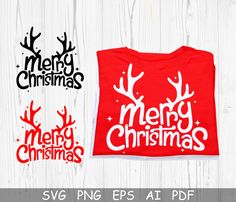 christmas t - shirt svg cut file with reindeer antlers and merry christmas lettering