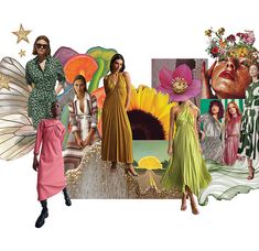 a collage of women dressed in colorful clothing and accessories with flowers, sunflowers, butterflies, and other items