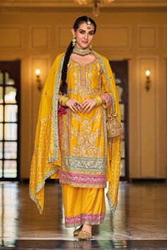 Yellow Embroidered Traditional Palazzo Suit at PinkPhulkari California Embroidery Mirror, Palazzo Suit, Readymade Saree, Party Kleidung, Heavy Embroidery, Shalwar Kameez, Designer Dresses Indian, Indian Designer, Indian Design