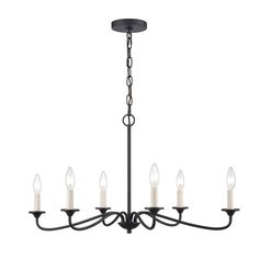 The Ullie 6-Light Chandelier is a pared-down take on a traditional French Country-style chandelier. Six slender matte black metal arms curve out from a central column, each holding a single candle. allen + roth Ullie 6-Light Matte Black Farmhouse Chandelier | ELW60243B Black Farmhouse Chandelier, Candelabra Chandeliers, Single Candle, Candle Cover, Farmhouse Chandelier, Elk Lighting, Candle Style Chandelier, Chandelier For Sale, Kitchen Pendants