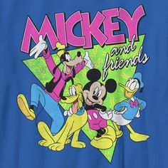 Who knew that dressing "mousey" could be so cute!? Celebrate Walt Disney's most iconic characters with this officially licensed Disney Mickey Mouse and Friends 90s Vibe Boys' Graphic T-Shirt. This adorable tee features a distressed 90s-inspired graphic in neon colors with your favorite characters, Mickey Mouse, Donald Duck, Goofy, and Pluto smiling across the front. Add this tee to your Disney collection for the perfect style on your next trip to Disneyland! Playful Mickey Mouse T-shirt For Disney Fan Events, Fun Mickey Mouse T-shirt For Disney Fan Events, Disney Blue Top For Streetwear, Pop Culture Mickey Mouse Tops For Disney Fan Events, Retro Cartoon Print Tops For Disney Fan Events, Retro Mickey Mouse Top For Disney Fan Events, Retro Mickey Mouse Tops For Disney Fan Events, Retro T-shirt With Cartoon Print For Disney Fans, Retro T-shirt With Disney Character Print For Fan Events