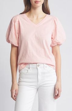 This soft cotton top is designed with a perfectly dipped neckline and eyelet-trimmed puff sleeves. 23" length V-neck Short sleeves 100% cotton Machine wash, tumble dry Imported Casual V-neck Eyelet Blouse, Fitted Cotton V-neck Puff Sleeve Top, Spring Eyelet V-neck Top, Spring V-neck Eyelet Top, Spring V-neck Tops With Broderie Anglaise, Fitted Cotton V-neck Top For Spring, Cotton Eyelet Puff Sleeve Tops, Feminine Puff Sleeve Top With Broderie Anglaise, Spring V-neck Eyelet Blouse