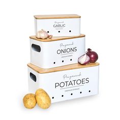 three white containers with onions and potatoes stacked on top of each other in front of a white background