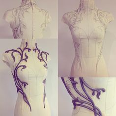 three different views of the back of a mannequin's dress with vines on it