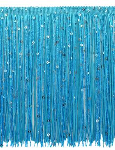 blue sequin fringe on white background