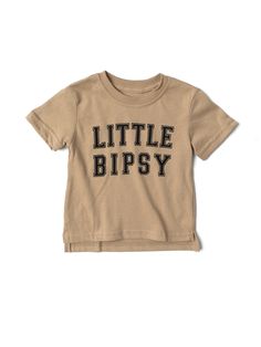 Calling all LB superfans! The most stylish way to show your LB pride is our Collegiate Tee, featuring classic “Little Bipsy” text + the familiar, comfy feel of your favorite college t-shirt. Pair it with our Gym Shorts or Athletic Ribbed Biker Shorts to rep LB from head to toe! Color: Tan “LITTLE BIPSY” printed on the front Slight high/low bottom hem Side slits for a more relaxed fit Printed inner tag Material + Wash: 60% cotton | 40% polyester Do not bleach Machine wash gentle with like colors Dry on low heat Sizing + Fit: True to size Please check the size guide before ordering Collegiate Cotton T-shirt Soft-washed, Collegiate Soft-washed Cotton T-shirt, Cotton Varsity T-shirt With Lettering, Casual T-shirt With Lettering For Game Day, Collegiate Soft-washed Tops For Streetwear, Collegiate Style Soft-washed Tops For Streetwear, Pre-shrunk Cotton Varsity T-shirt, Varsity Cotton T-shirt Pre-shrunk, Cotton Graphic Tee For Babies With Name Print