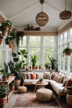 a living room filled with lots of potted plants next to a large white window