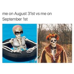 two pictures one with a skeleton and the other with a skeleton in an inflatable pool