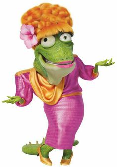 a cartoon frog wearing a pink dress and flower in it's hair with her hands out