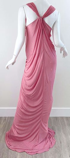 NWT Donna Karan Fall 2005 Pink Dusty Rose Mauve 30s Style Semi Sheer Gown Dress For Sale at 1stDibs Pink Pre-draped Maxi Dress For Cocktail, Pink Pre-draped Cocktail Maxi Dress, Pink Draped Maxi Dress For Wedding, Grecian Gown, 30s Style, Pink Dusty, Sheer Gown, 30s Fashion, 1930s Fashion