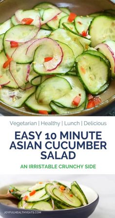 Whip up a refreshing Asian cucumber salad in just 10 minutes! This dairy-free recipe is perfect for a light lunch or a tasty side dish. Crisp cucumbers are tossed with a tangy dressing, offering a burst of flavor with every bite. Ideal for busy weeknights or when you need a quick, healthy option. Enjoy a taste of Asia with minimal effort and maximum flavor. Asian Side Salad Recipes, Chinese Cucumber Salad Rice Vinegar, Asian Salad Cucumber, Rice Wine Vinegar Cucumber Salad, Simple Asian Cucumber Salad, Light Asian Meals, Dinner With Cucumber, Quick Easy Salads, Cucumber Rice Vinegar Salad