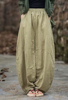 Green Linen Wide Leg Elastic Waist Summer Bloomers - Thebesttailor Baggy Pants Women, Harem Pants Women, Wide Leg Linen Pants, Summer Pants, Oversized Style, Loose Pants, Tapered Pants, Boho Stil, Wide Legs