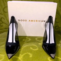 Good American Heels. New, Never Worn Modern Black Court Shoes With 4-inch Heel, Black Patent Leather Pointed Toe Heels, Black Heels With Padded Heel For Office, Black Office Heels With Padded Heel, Black Heels With Sculpted Heel For Office, Black Sculpted Heel Office Heels, Modern Black Heels For Workwear, Modern Black Heels For Work, Black Court Shoes With 4-inch Heel For Office