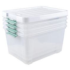 a large plastic storage box with green handles