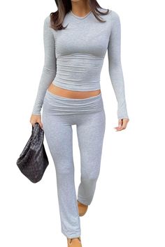 Casual Workout Two Piece Outfits for Women Short Sleeve Crop High Waist Foldover Flare Pants Foldover Flare Leggings, Relaxed Fit Flare Bottoms For Loungewear, Foldover Leggings Outfit, Fitted Flare Bottoms For Loungewear, Tracksuit Pants Outfit, Flared Yoga Pants With 4-way Stretch For Sports, Flared Leggings With 4-way Stretch, Outfits Long Sleeve, Two Piece Outfits