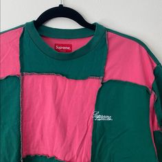 Supreme Tee - Pink And Green, Fits Oversized! Size: Medium Never Worn, Brand New! #Supreme Green Patchwork Top For Streetwear, Pink Oversized Long Sleeve T-shirt, Pink Oversized Sporty Top, Sporty Oversized Pink Top, Pink Patchwork Short Sleeve T-shirt, Pink Crew Neck T-shirt With Patchwork, Pink Patchwork Cotton T-shirt, Pink Cotton Patchwork T-shirt, Pink Patchwork Crew Neck Top