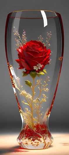 a red rose in a glass vase with water on the bottom and some flowers inside