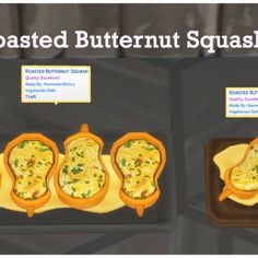 three different types of baked butternut squash on trays with instructions to make them