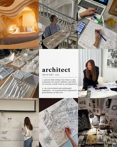 a collage of architectural photographs with people working on the project and using their laptops