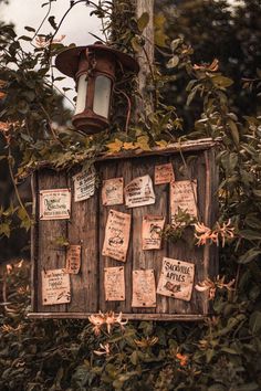 an old wooden box with lots of notes attached to it sitting in the middle of some trees