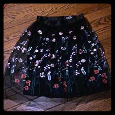 Black Tulle With Embroidered Flowers With Satin Waist. Never Worn! Says Size 12 But Really Fits An 8 Embroidered Party Skirt For Spring, H&m Skirt For Night Out In Spring, H&m Party Skirt For Spring, H&m Skirt For Spring Party, Black Skirt With Floral Embroidery For Party, Black Floral Embroidery Skirt For Party, Embroidered Black Skirt For Summer, Black Floral Embroidered Skirt For Parties, Black H&m Party Skirt