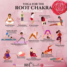 yoga for the root chakra melana poster with various poses and names on it