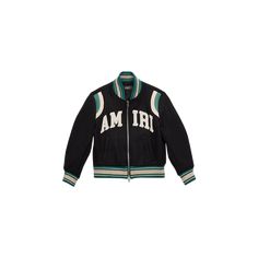 Amiri collegiate-inspired bomber jacket with contrast trim Stand collar Long sleeves Full zip front Banded cuffs and hem Ribbed trim Contrast trim Wool/nylon/polyamide/viscose Dry clean Made in Italy Trim Contrast, Cocktail Jacket, Embellished Denim, Kenzo Kids, Checkered Shirt, Colored Pants, Short Suit, Stella Mccartney Kids, Contrast Trim