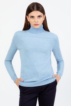 100% premium Mongolian cashmere sweater. Beyond basic, it is a classic. Every woman needs an essential, yet affordable cashmere turtleneck. Light Blue Outfit, Light Blue Turtleneck, Turtleneck Sweater Outfit, Blue Turtleneck, Classic Turtleneck, Turtleneck Outfit, Cashmere Outfits, Weekend Dresses, Fitted Turtleneck