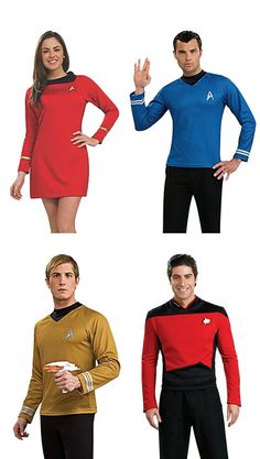 four people in star trek costumes standing next to each other