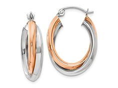 14K rose gold and 14K white gold polished oval tube hoop earrings. Measure approximately 7/8" L x 1/8" W and have wire and clutch closure. Oval Rose Gold Hoop Earrings For Formal Occasions, Rose Gold Oval Hoop Earrings For Formal Occasions, Formal Oval Rose Gold Hoop Earrings, Tube Hoop Earrings, Gold Polish, Hoop Earrings, White Gold, Rose Gold, Gold