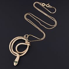 Snake Pendant | Vintage Pin Conversion Vintage Yellow Gold Snake Jewelry, 14k Yellow Gold Snake Jewelry, Antique Gold Snake-shaped Jewelry, Antique Snake-shaped Yellow Gold Jewelry, Gold Pen, Snake Pendant, Green Garnet, Gold Snake, The Snake