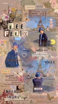 the collage is made up of many different pictures and words, including an eiffel tower