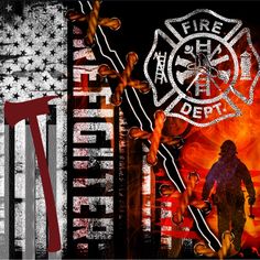 the fire department is depicted in this artistic photo with an american flag and flames on it