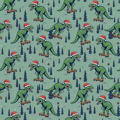 christmas dinosaurs skateboarding through the woods with santa's hats and snowflakes