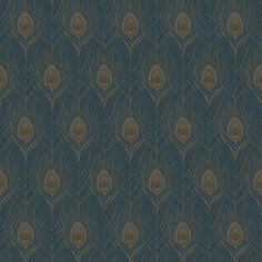 a blue and brown wallpaper with lots of feathers